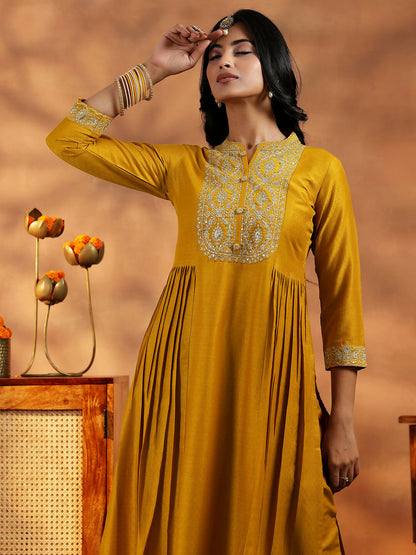 Women's LB Mustard Yoke Design Silk Blend A-Line Kurta With Palazzos & Dupatta