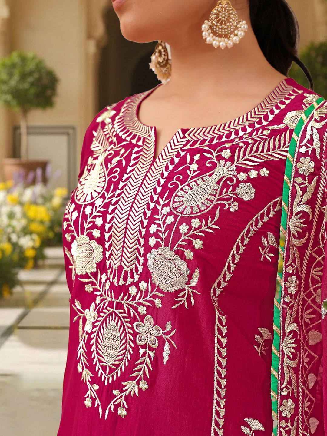Dhiyona KL Floral Embroidered Straight Kurta with Palazzos & Dupatta