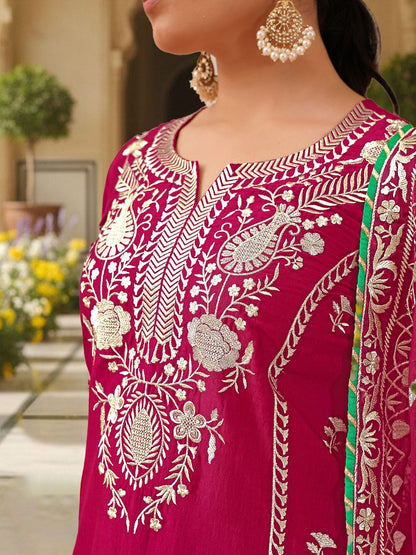 Dhiyona KL Floral Embroidered Straight Kurta with Palazzos & Dupatta