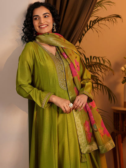Dhiyona LL Womens Lime green Embroidered Anarkali Kurta With Trousers & Dupatta
