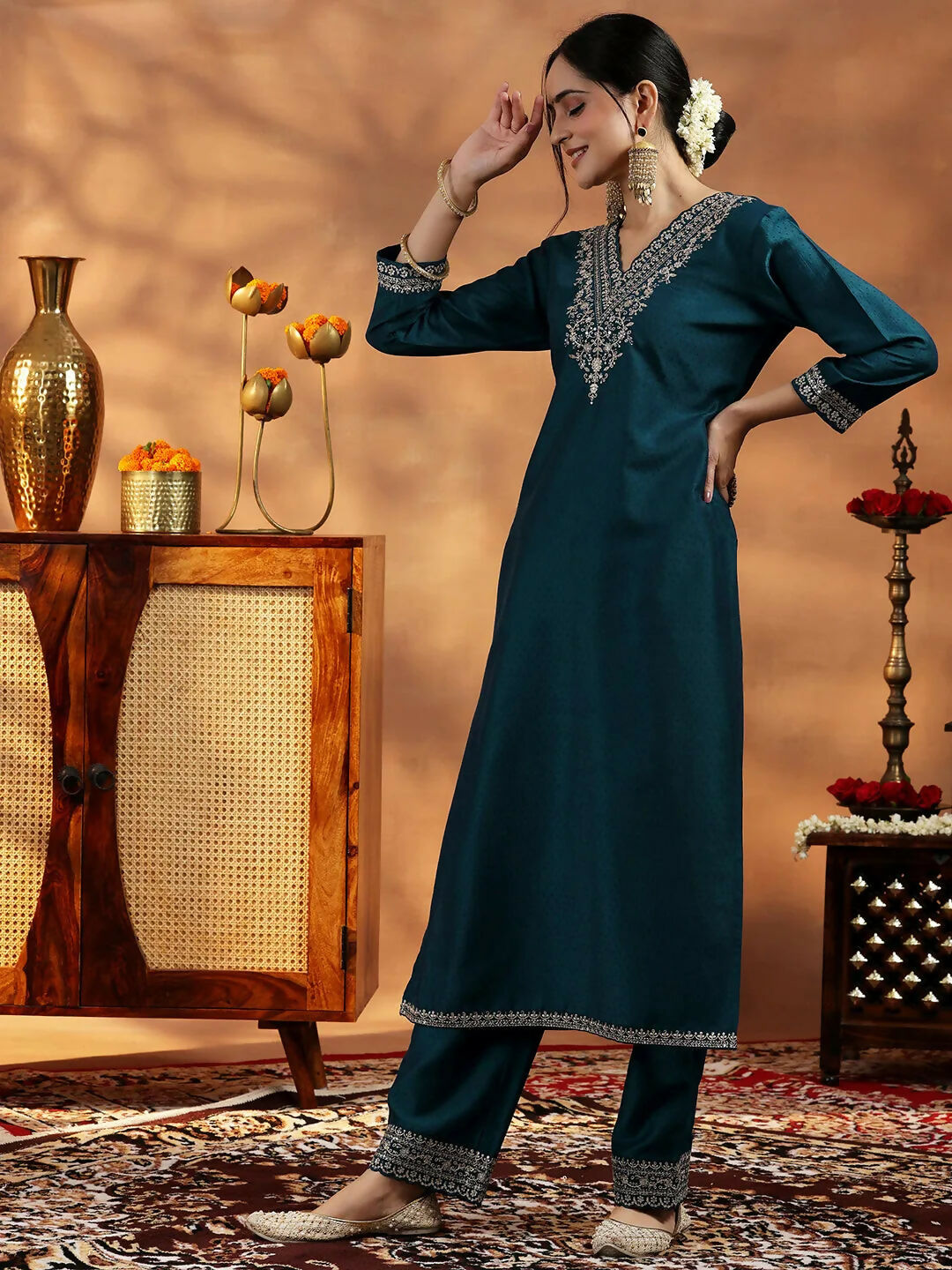 Women's LB Teal Yoke Design Silk Blend Straight Suit With Dupatta