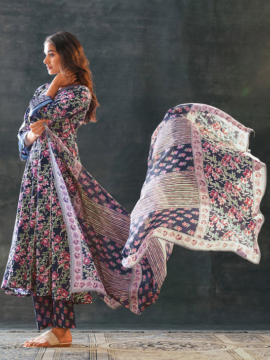 Womens Blue Printed Cotton Anarkali Kurta With Trousers & Dupatta