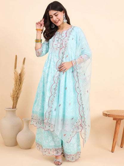 Dhiyona AN Floral Printed Notch Neck Pure Cotton Kurta With Sharara & Dupatta