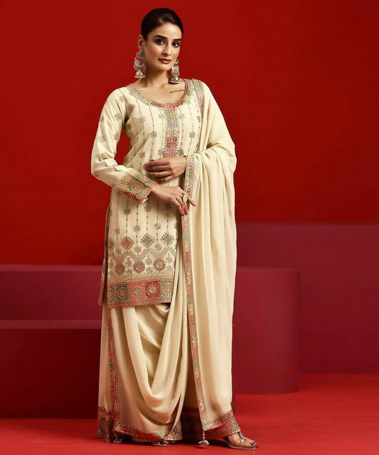 Women's LB Art Beige Embroidered Georgette Straight Suit With Dupatta