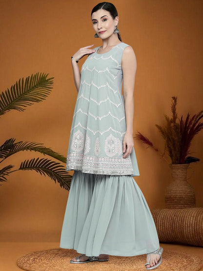 Dhiyona SN Floral Embroidered Sequinned Silk Georgette A-Line Kurta With Sharara & Dupatta