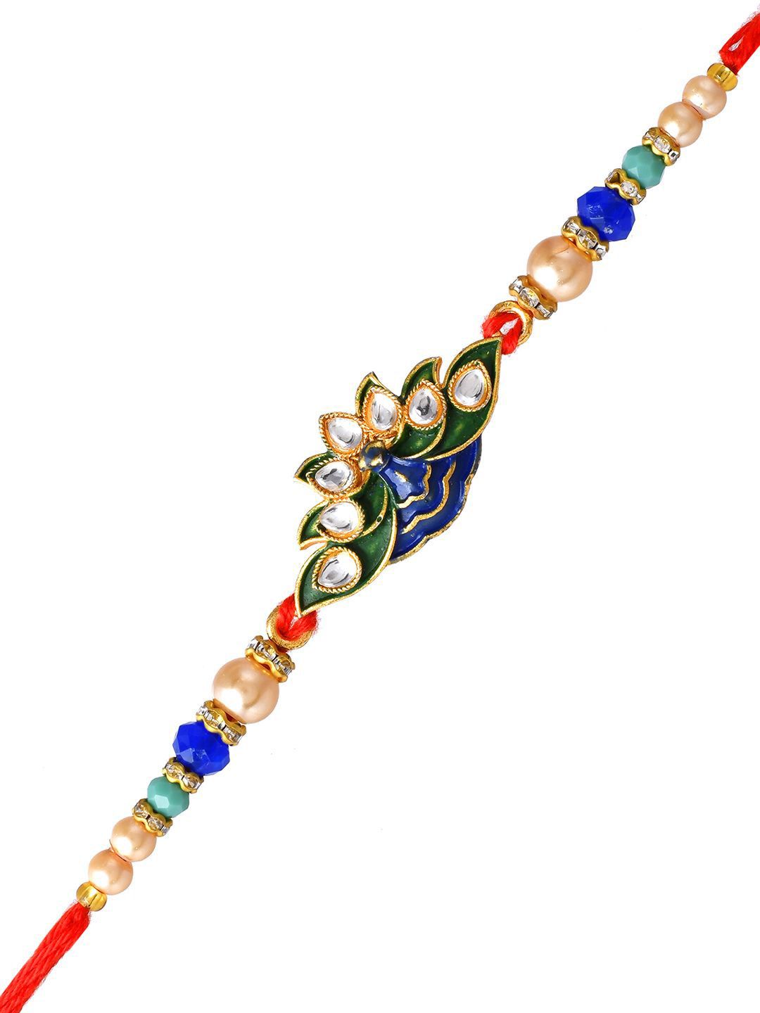 Dhiyona Blue Peacock Enamled Beaded Rakhi With Roli Chawal & Greeting Card