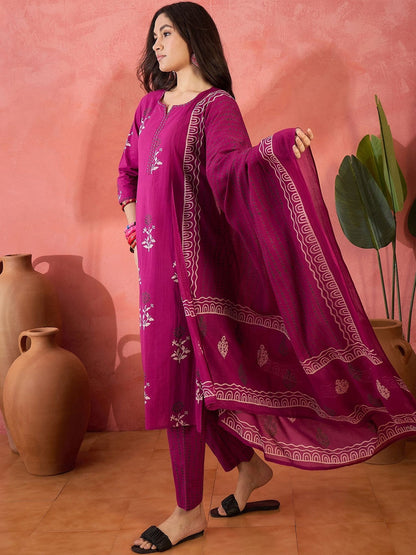 Printed Pure Cotton Round Neck Kurta & Trousers Kurta Set