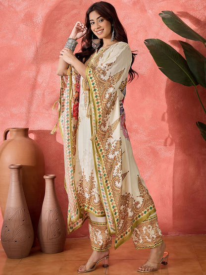 Women Floral Embroidered Kaftan Kurta with Trousers