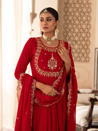 Dhiyona CH Women Floral Embroidered Pleated Mirror Work Kurta with Trousers & Dupatta