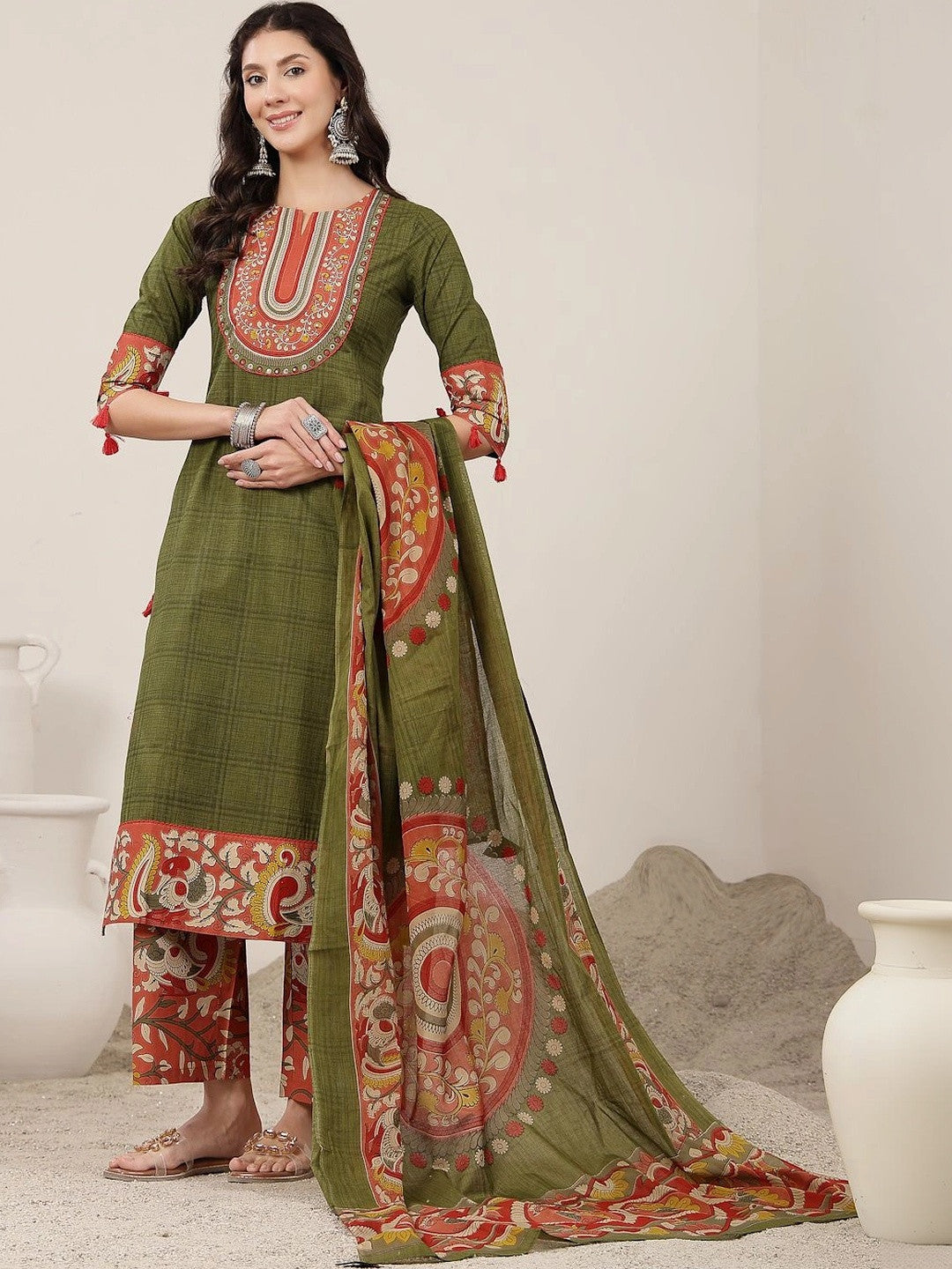 Dhiyona SN Women Ethnic Motifs Regular Pure Cotton Kurta with Trousers & With Dupatta