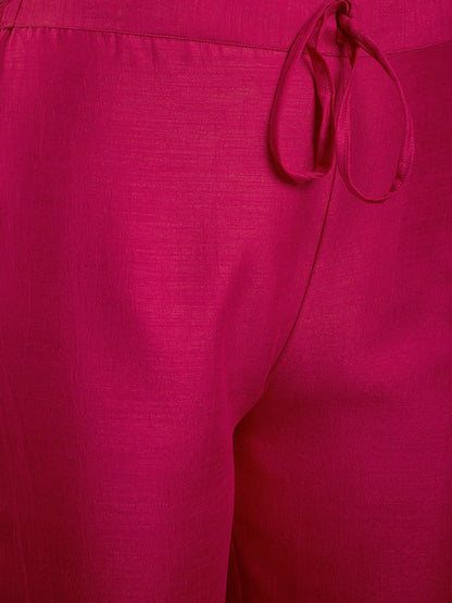 Pink Embroidered Yoke Design Mirror Work A-Line Kurta With Trousers & Dupatta