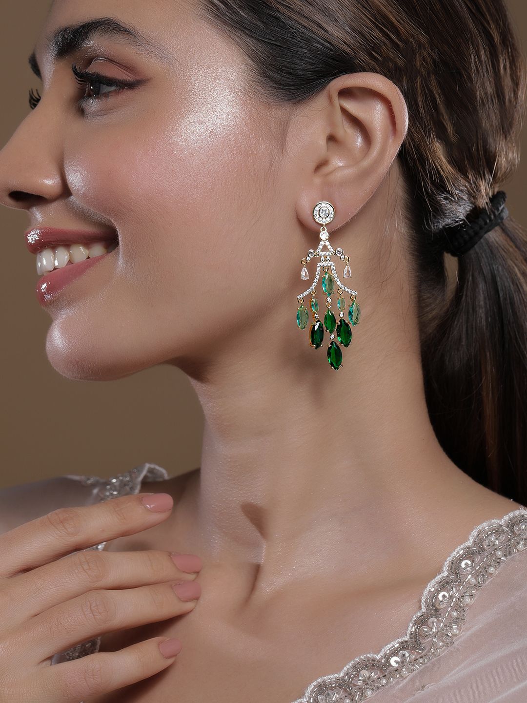 Dhiyona RJ Women's 22K Gold-Plated Emerald & Aqua Green AD & Cubic Zirconia Studded Chandelier Earring