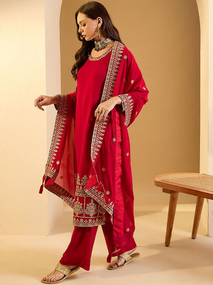 Dhiyona IN Women Ethnic Motifs Embroidered Regular Kurta with Palazzos & With Dupatta