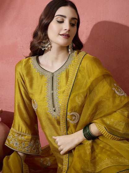 Floral Embroidered Flared Sleeves Zari Straight Kurti With Dhoti Pant & Dupatta