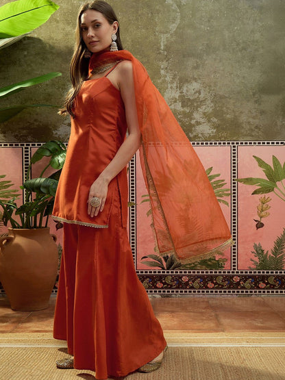 Embroidered Shantoon Shoulder Straps Kurti & Palazzos With Dupatta