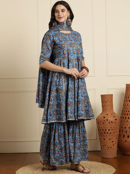 Dhiyona AN Women Ethnic Motifs Printed Panelled Pure Cotton Kurta with Sharara & With Dupatta