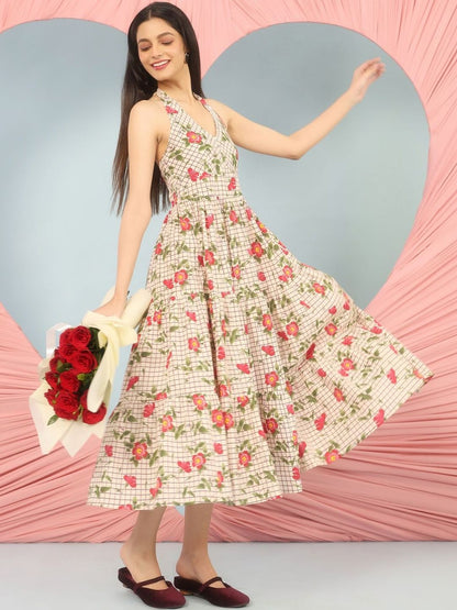 Dhiyona AY Women's Printed Cotton Fit & Flared Maxi Ethnic Dresses