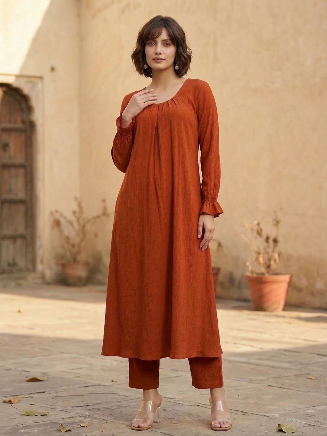 Rust Rust A Line Balloon Sleeve Kurta with Trouser