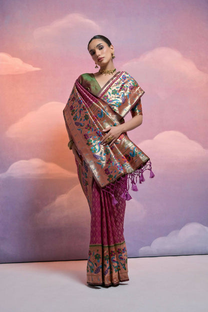 Women Paithani Vani Wine Saree With Unstiched Blouse