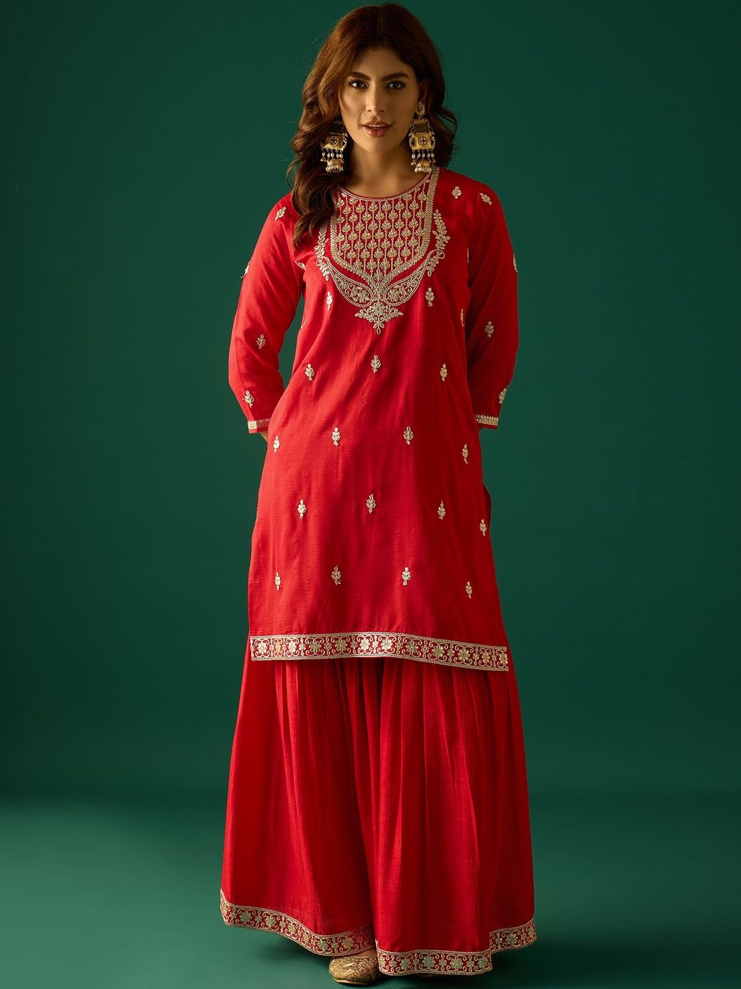 Dhiyona VA Ethnic Motifs Embroidered Zari Kurta With Sharara & Dupatta