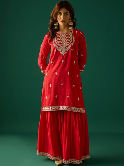 Dhiyona VA Ethnic Motifs Embroidered Zari Kurta With Sharara & Dupatta