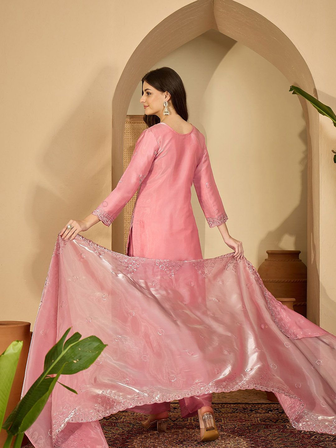 Dhiyona SN Floral Embroidered Sequinned Pure Silk Straight Kurta With Palazzo & Dupatta