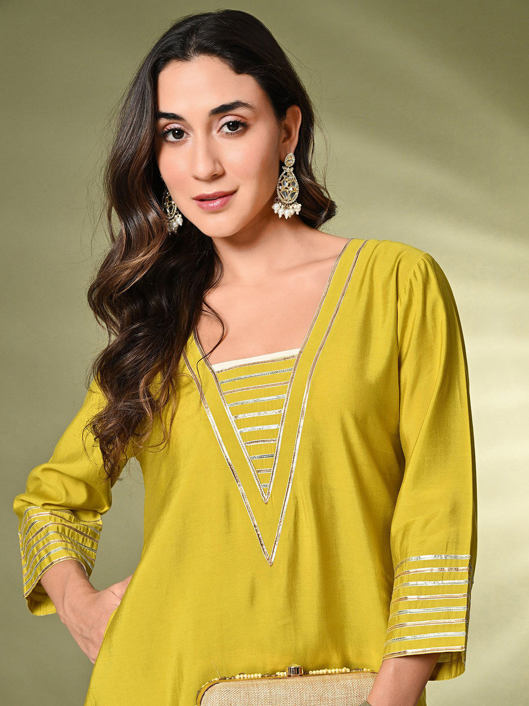 Lime Green Gotta Patti A-Line Kurta With Palazzo