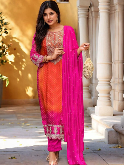 Dhiyona KL Women Pink Rayon Blend Printed Straight Kurta Set With Dupatta