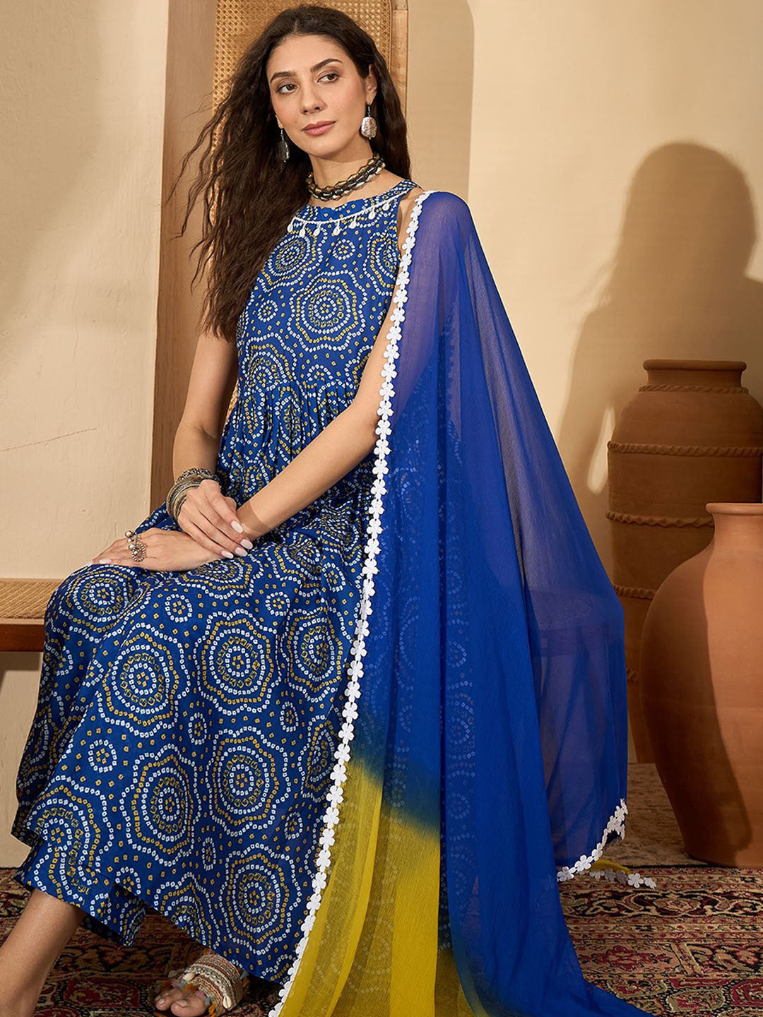 Women Bandhej Printed Pure Cotton Anarkali Kurta With Trouser & Dupatta