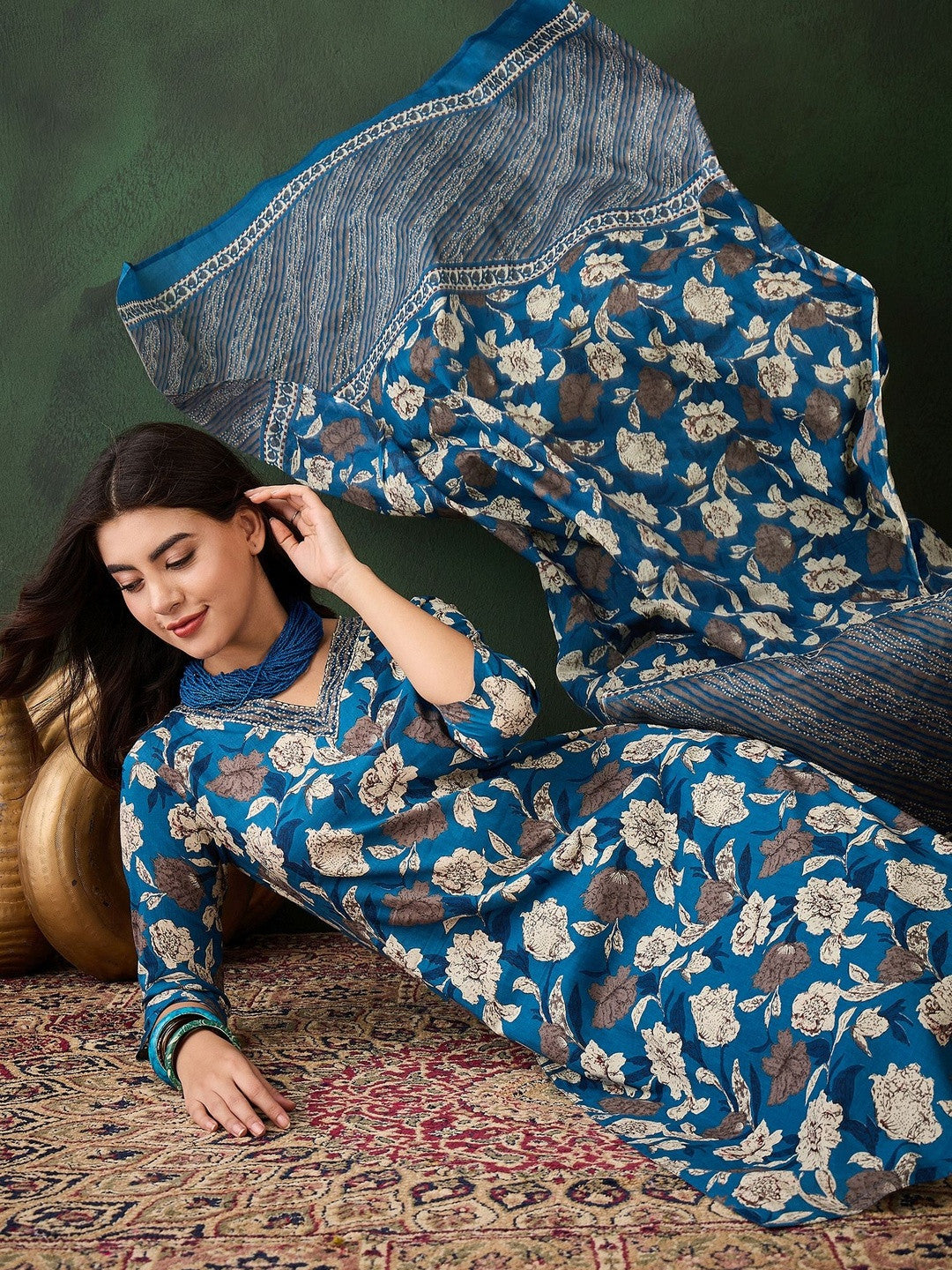 Printed Pure Cotton V-Neck Kurta & Trousers Kurta Set