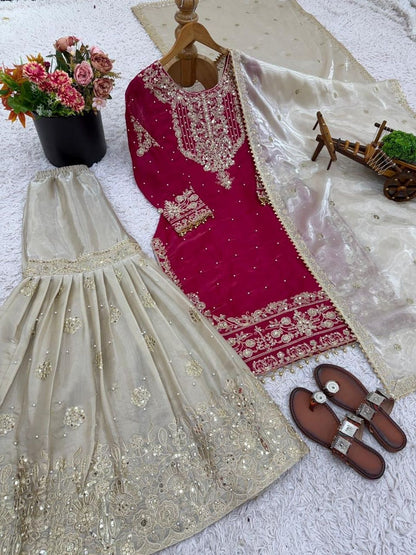 Dhiyona KL Women Ethnic Motifs Embroidered Regular Kurta with Sharara & With Dupatta