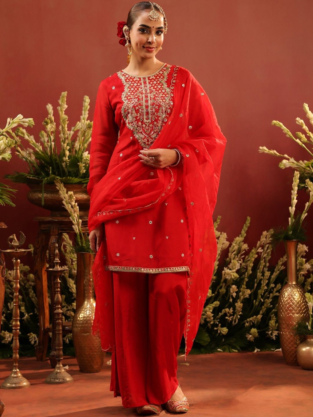 Dhiyona SC Red Women Ethnic Motifs Embroidered Thread Work Kurti with Sharara & Dupatta