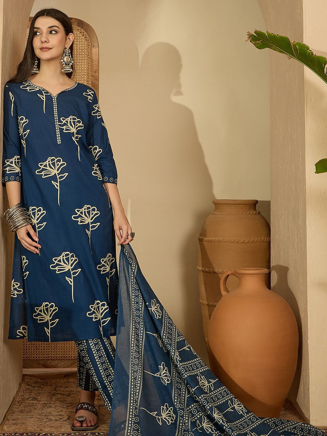 Printed Pure Cotton Round Neck Kurta & Trousers Kurta Set