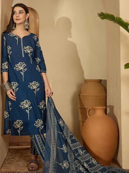 Printed Pure Cotton Round Neck Kurta & Trousers Kurta Set
