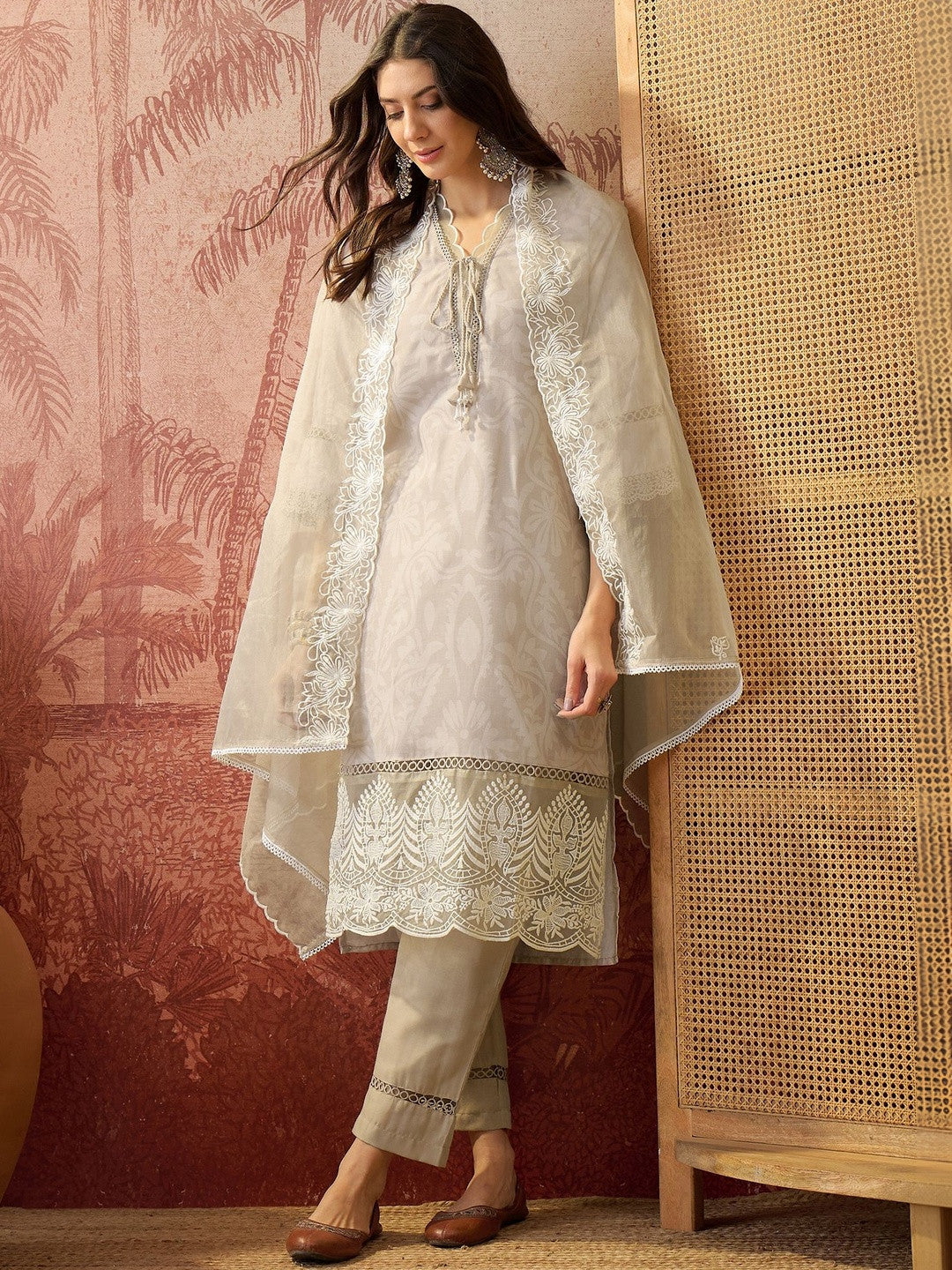 Embroidered Cotton Blend V-Neck Kurta & Trousers Kurta Set