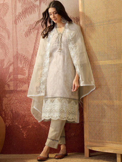 Embroidered Cotton Blend V-Neck Kurta & Trousers Kurta Set