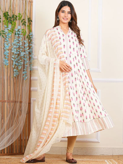 Dhiyona KL Floral Printed Mandarin Collar Anarkali Kurta With Leggings And Dupatta