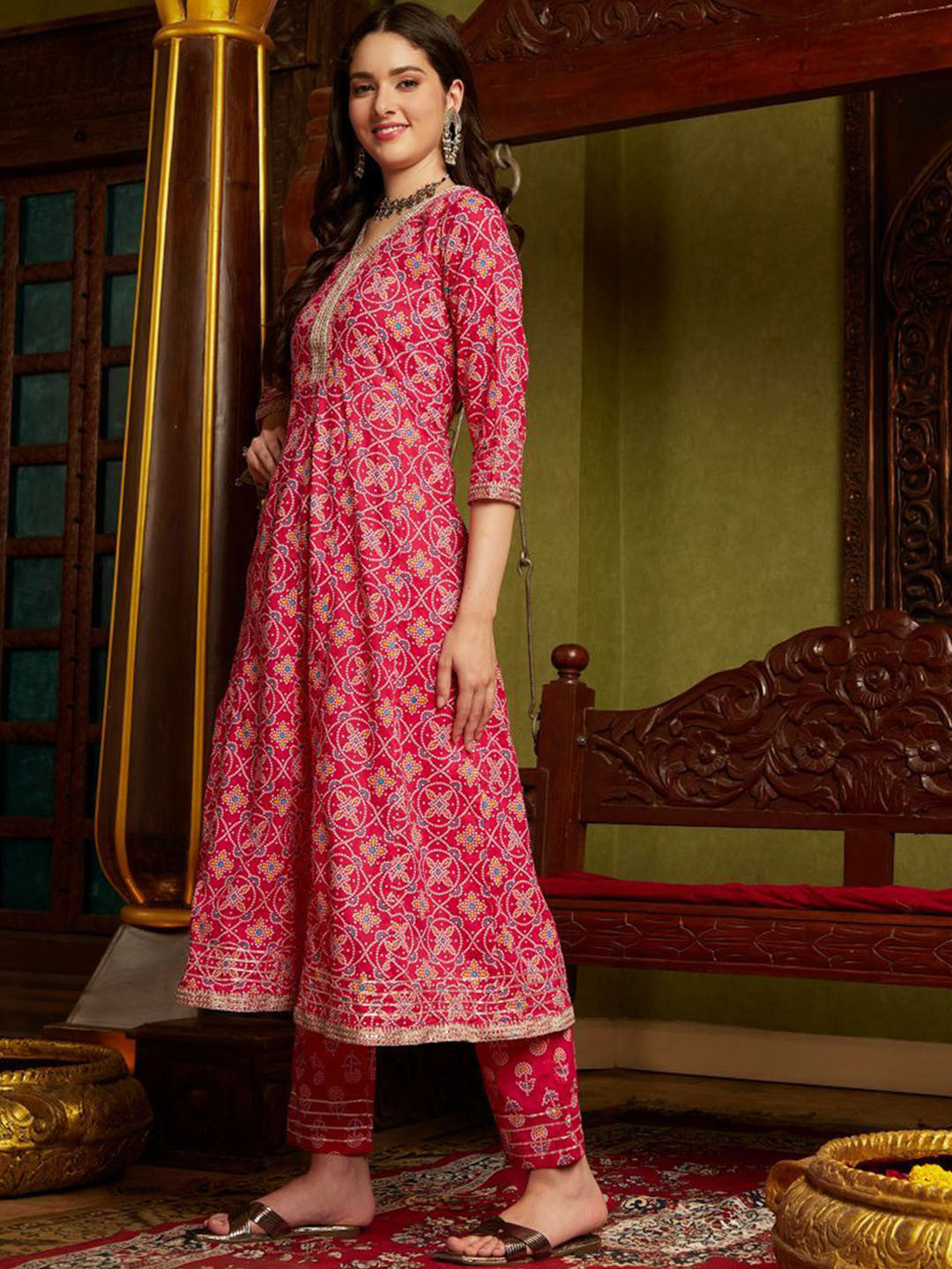 Bandhani Printed Panelled Sequinned Pure Cotton Kurta with Trousers & Dupatta