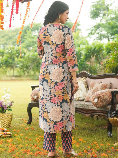 Dhiyona KL Floral Printed Notch Neck Straight Kurta with Trouser & Dupatta