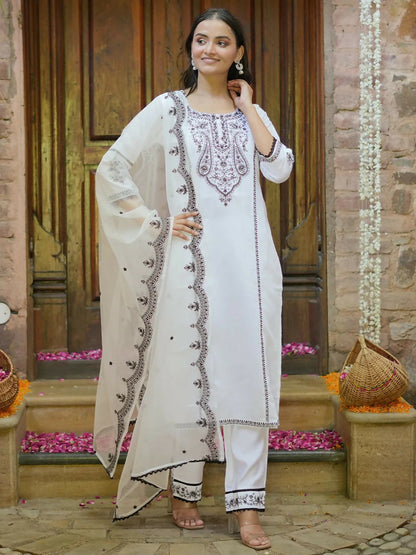 Women's LB White Embroidered Silk Blend Straight Suit With Dupatta