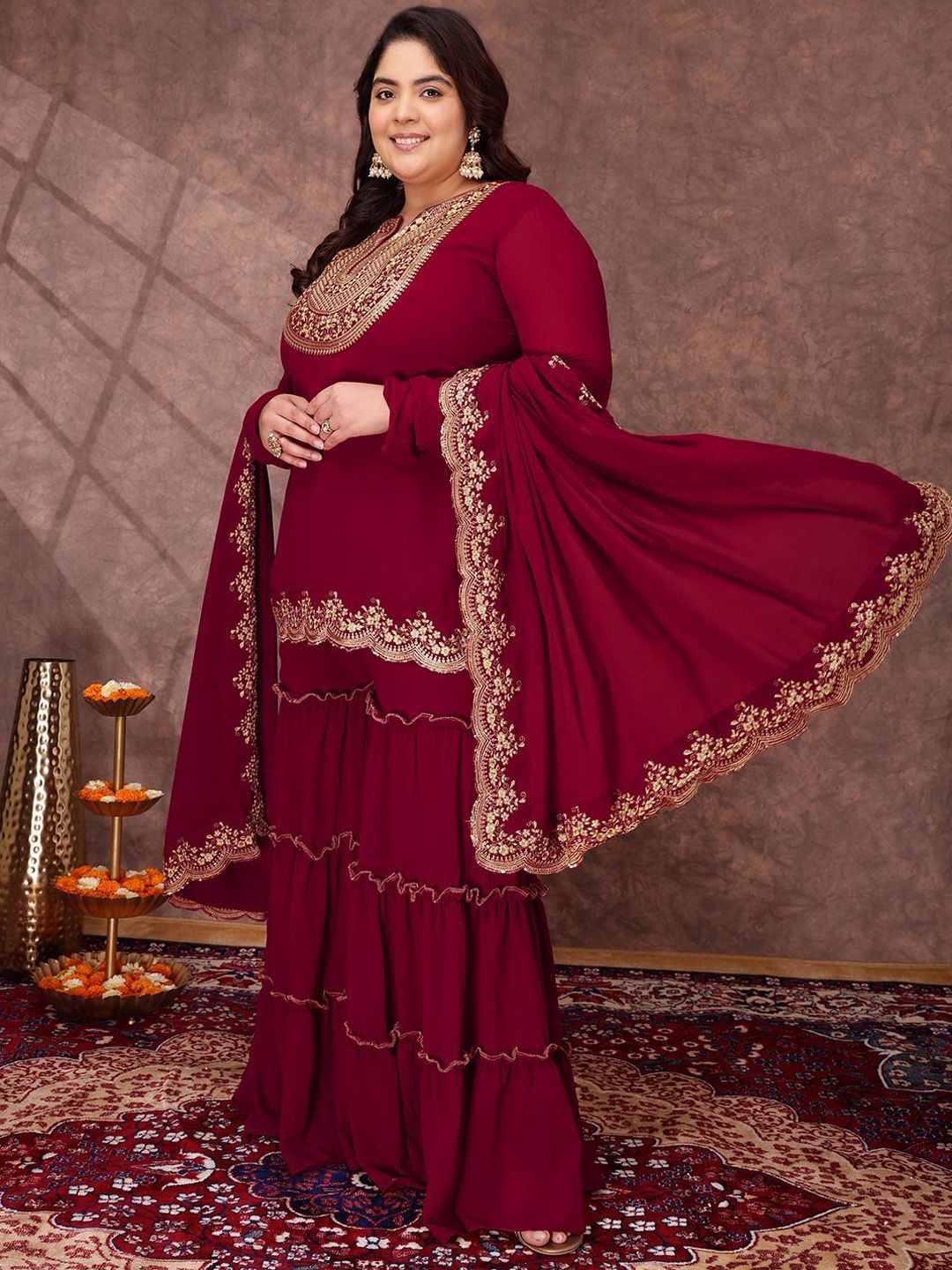 Dhiyona IN Floral Yoke Design Thread Work Georgette Straight Kurta With Sharara & Dupatta
