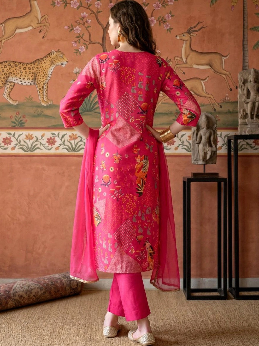 Women Floral Printed Regular Thread Work Kurta with Trousers & With Dupatta
