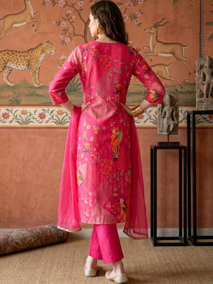 Women Floral Printed Regular Thread Work Kurta with Trousers & With Dupatta