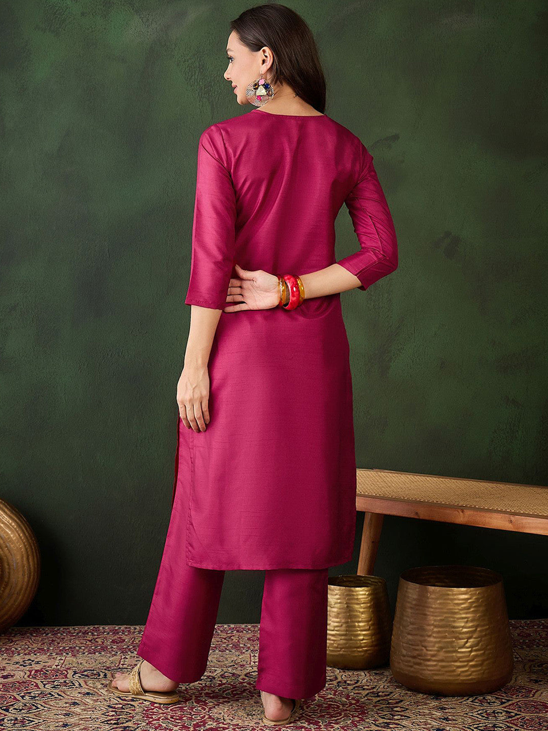 Ethnic Motifs Yoke Design Sequinned Straight Kurta With Trouser