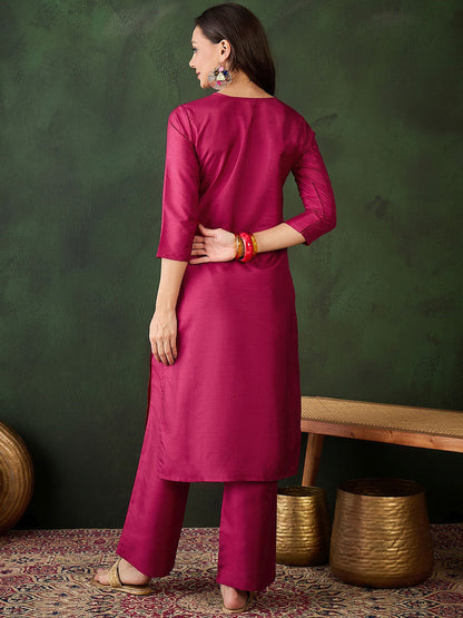 Ethnic Motifs Yoke Design Sequinned Straight Kurta With Trouser