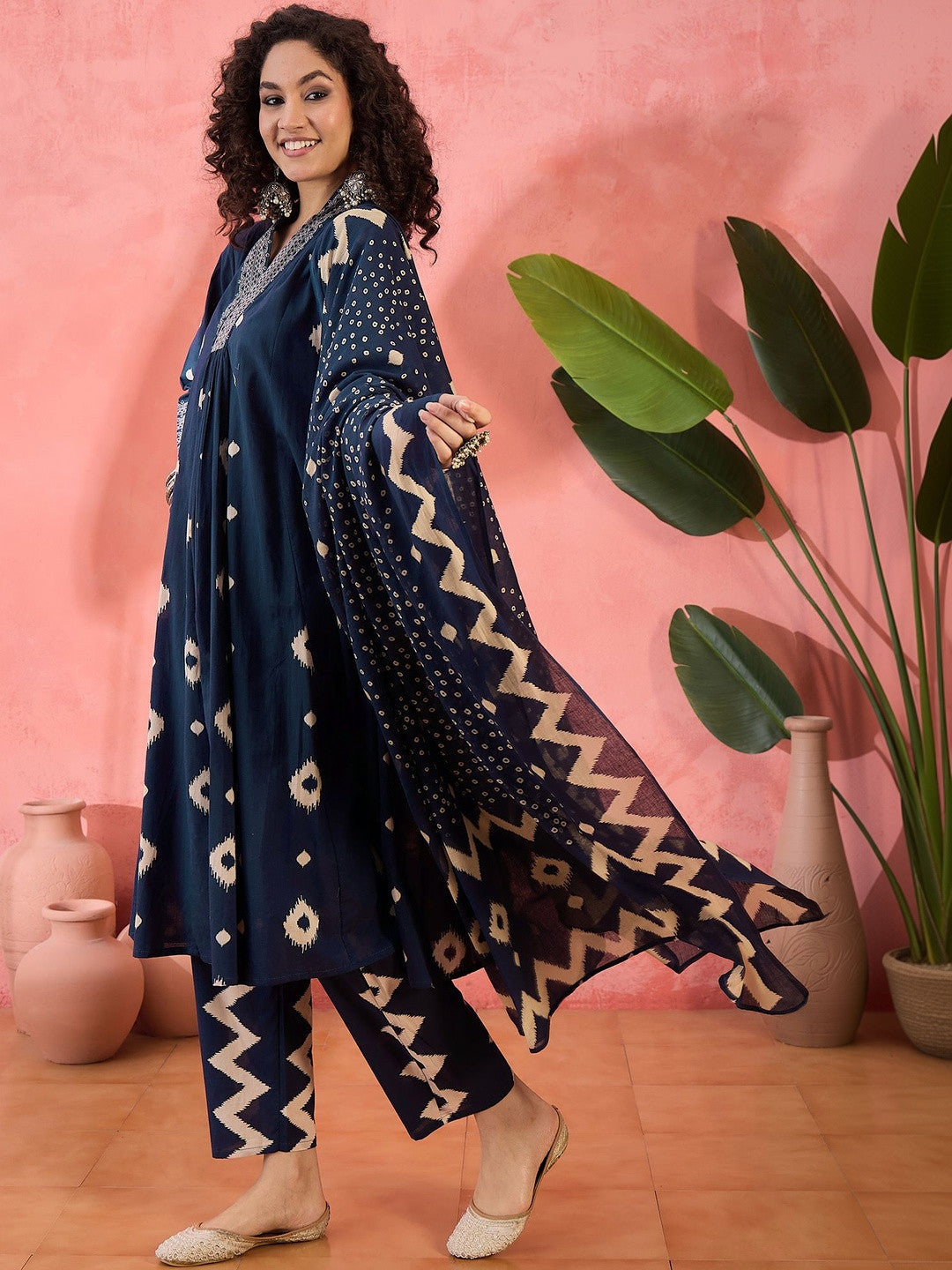 Printed Pure Cotton V-Neck Kurta & Trousers Kurta Set