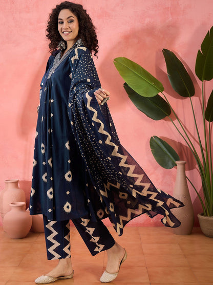 Printed Pure Cotton V-Neck Kurta & Trousers Kurta Set