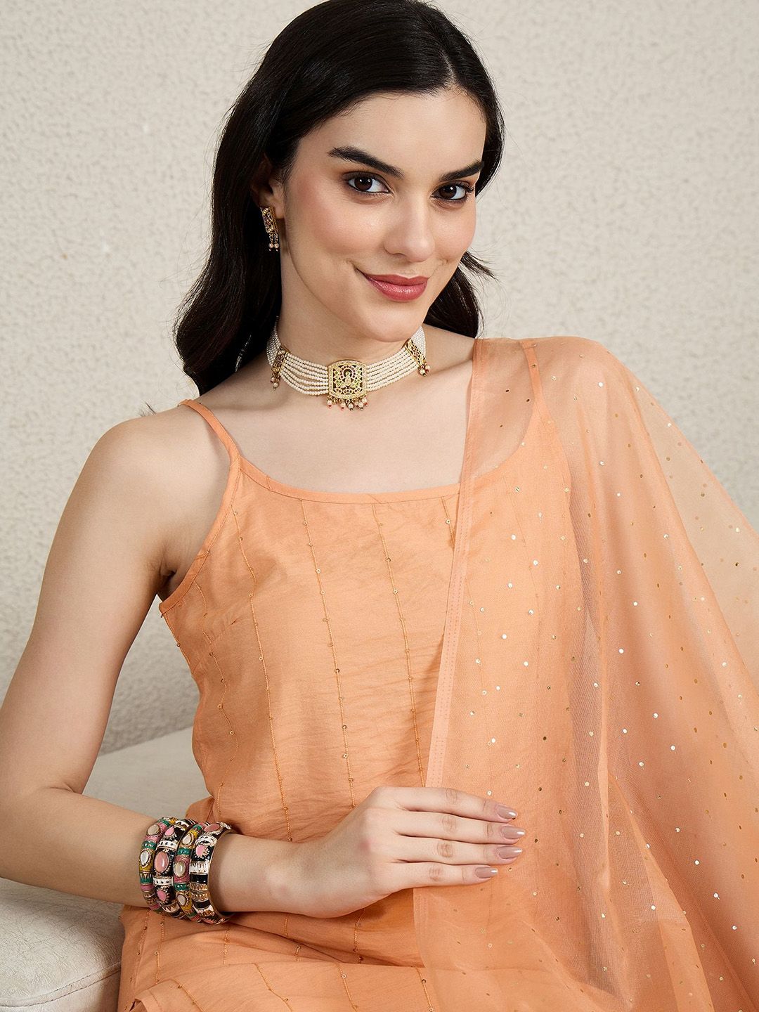 Dhiyona HOP Women Embroidered Sequinned Kurti with Sharara & Dupatta