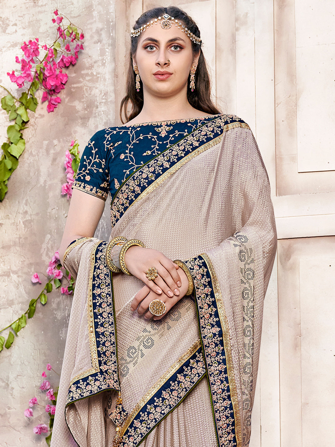 Women's Chiffon Cream Embellished Designer Saree With Blouse Piece