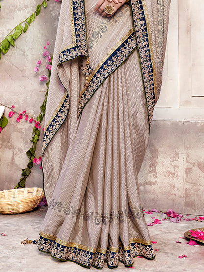 Women's Chiffon Cream Embellished Designer Saree With Blouse Piece